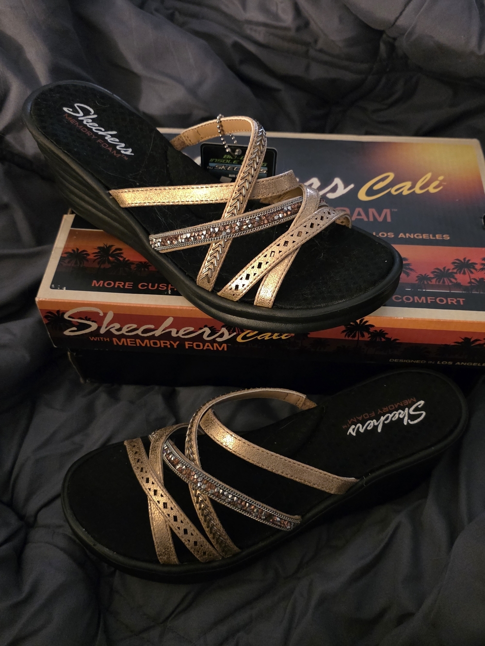 Skechers Women’s Metallic Rose Gold Strappy Sandal with Memory Foam 9
